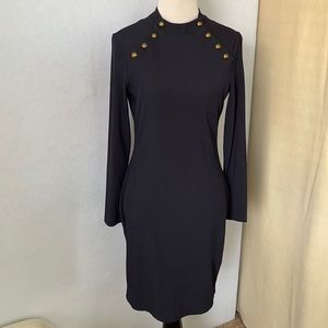 H&M Navy Ribbed High Neck Collar Gold Button Dress